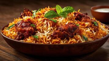 Fresh biryani photo with rice and meat served in elegant setting