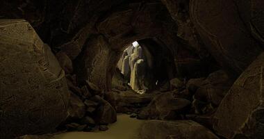 CGI Mysterious cave adorned with rocks and illuminated by soft light video