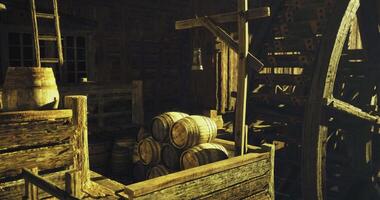 CGI Rustic watermill interior with wooden barrels and machinery video