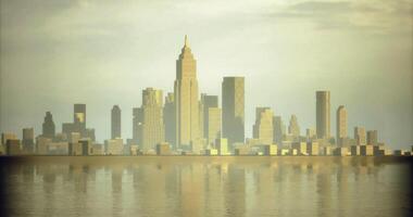 CGI City skyline reflecting on water during golden hour with soft lighting video