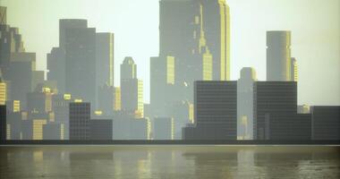 CGI City skyline at dusk reflecting on calm water surface video