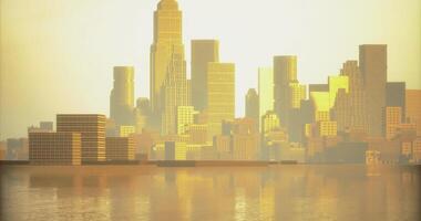 CGI Golden skyline of a bustling city reflecting on calm water at sunset video