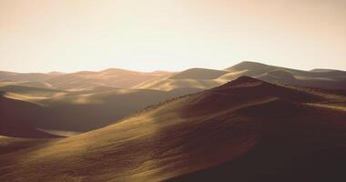 CGI Golden light illuminates rolling sand dunes at sunset in a desert landscape video