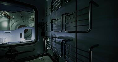 CGI Interior view of a futuristic spacecraft sleeping quarters in low light video