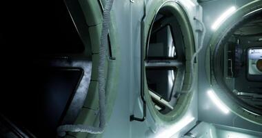CGI Interior view of a futuristic sci fi themed space station corridor video