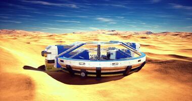 CGI Futuristic vehicle resting on vast desert landscape under clear sky video