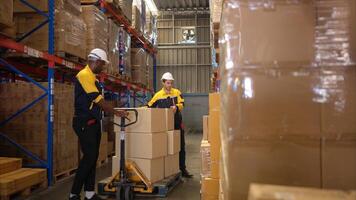 Two warehouse workers are lifting boxes of merchandise on a pallet jack to store on a shelf in a warehouse,68 photo