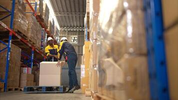 Two warehouse workers are lifting boxes of merchandise on a pallet jack to store on a shelf in a warehouse,66 photo