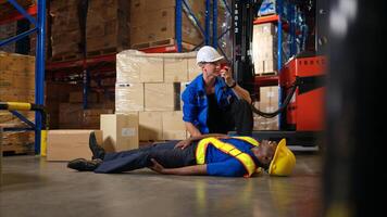 A group of warehouse workers were involved in an accident while on duty, Coworkers offered assistance and first aid,57 photo
