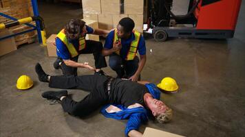 A group of warehouse workers were involved in an accident while on duty, Coworkers offered assistance and first aid,47 photo