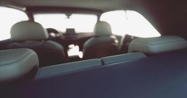 CGI View from the backseat of a modern car with soft leather seats video