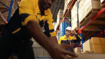 Two warehouse workers are lifting boxes of merchandise on a pallet jack to store on a shelf in a warehouse,33 photo