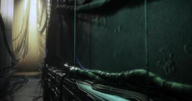 CGI Dark corridor with cables and soft light illuminating the end video