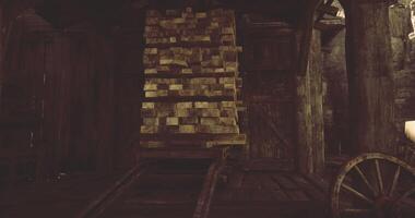CGI Mine interior with stacked wooden crates during dusk in a vintage setting video