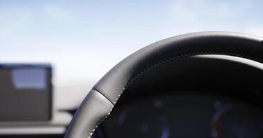 CGI Close view of a car steering wheel with dashboard in the background at sunset video