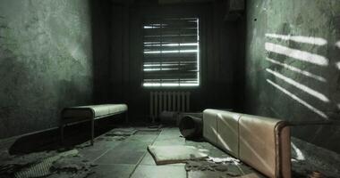 CGI Abandoned room with deteriorating walls and broken furniture in dim light video