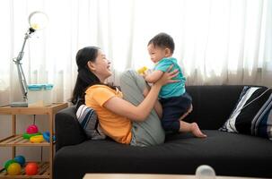 While in vacation at home, a mother engages in activities with little kid,145 photo