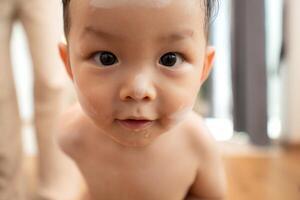 Mom and little child with taking a shower and dressing at home,136 photo