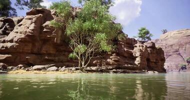 CGI Serene landscape of calm waters reflecting rocky cliffs and lush greenery video