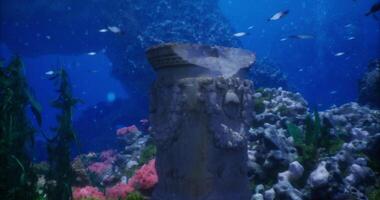 CGI Underwater ruins reveal remnants of ancient architecture among vibrant coral video