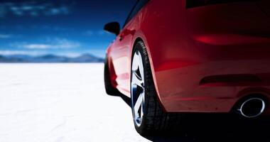 CGI Red sports car parked on a vast salt flat under a clear blue sky video