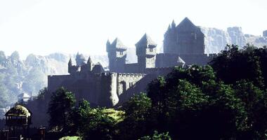 CGI Majestic castle stands tall against a clear sky surrounded by lush greenery video