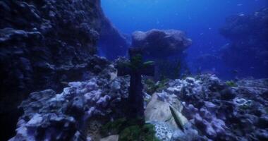 CGI Submerged cross found in a vibrant underwater landscape video