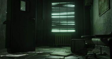 CGI Dimly lit room with slatted window, showcasing abandoned furniture and shadows video