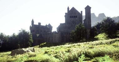 CGI Historic castle surrounded by lush greenery in bright sunlight during daytime video