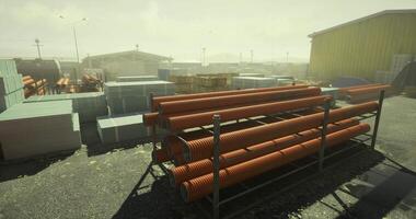 CGI Construction site with stacked materials and storage items in evening light video