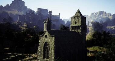 CGI Ruins of an ancient church surrounded by a misty landscape at dawn video