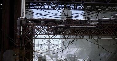 CGI Urban landscape with intricate wiring and snowy conditions in a cityscape video