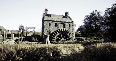 CGI Historic watermill surrounded by golden fields at sunset video