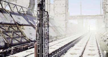 CGI Abandoned industrial site with rusted machinery and empty walkways at midday video