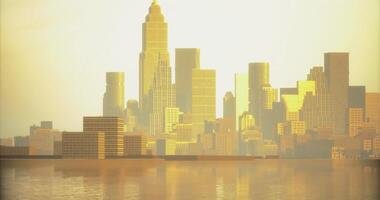 CGI Golden skyline reflecting on still water at sunset in a vibrant city video