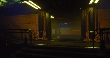 CGI Dark industrial hallway with yellow lighting and fog in a dystopian setting video