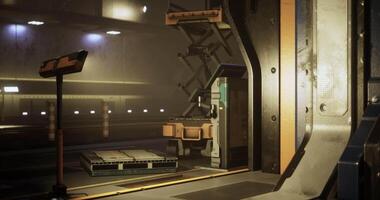CGI Industrial loading dock with scissor lift and equipment in dim lighting video
