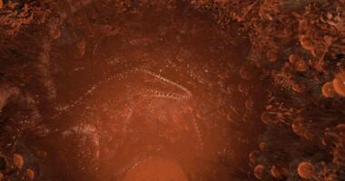 CGI Exploration of an underground cavern filled with glowing reddish formations video