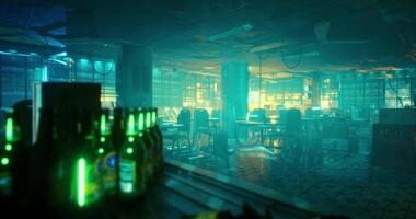 CGI Vibrant urban interior with neon lighting and empty tables after hours video
