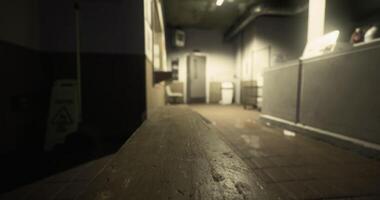 CGI Dimly lit laundromat interior with empty chairs and cleaning signs in view video