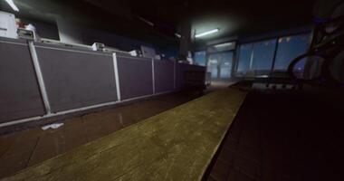 CGI Dusk view of a quiet cafe preparing for evening service with dim lighting video