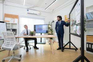 In a contemporary office, two senior executives with a mission to brainstorm and monitor,43 photo