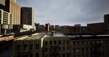 CGI Urban skyline view at dusk with contrasting architectural styles in city video