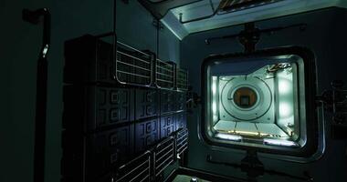 CGI Interior view of a futuristic space habitat module with illuminated features video