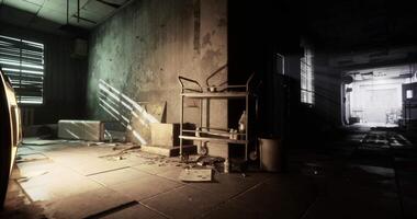 CGI Abandoned corridor in a neglected building with scattered debris and light video