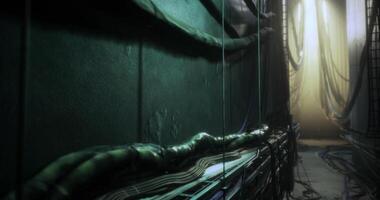 CGI Exploring a mysterious corridor with wires and soft illumination in a dim space video