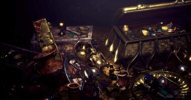 CGI Treasure chest filled with jewels and artifacts in an ancient setting video