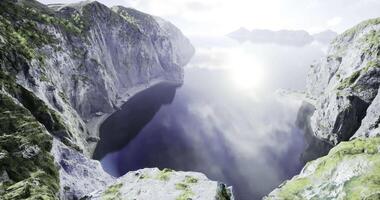 CGI Stunning view of serene mountain lake surrounded by rocky cliffs video