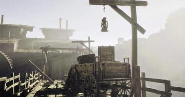 CGI Exploration of an old rustic dock with wooden structures and a lantern video