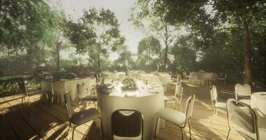 CGI Elegant outdoor dining setup in a sunlit forest during a serene afternoon video